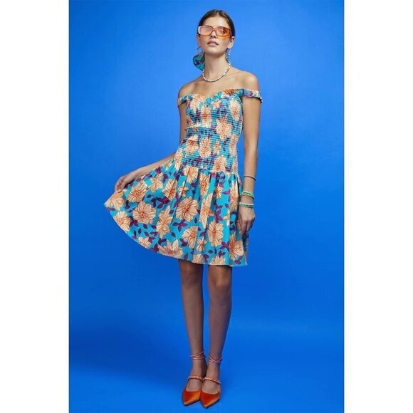 AUTUMN ADEIGBO Cassie Floral Smocked Bodice Fit & Flare Sundress Sea Green 12 - Picture 1 of 11